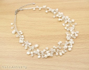 White freshwater pearl necklace with stone and crystal on silk thread, Bridal necklace, Wedding jewelry