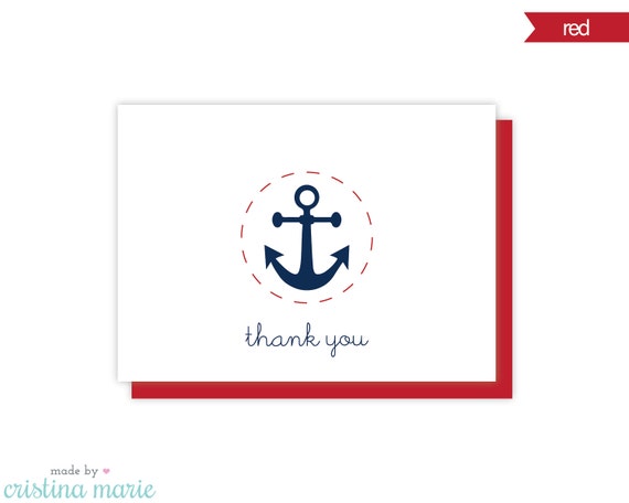 anchor thank you cards, nautical note cards, 8 cards & envelopes