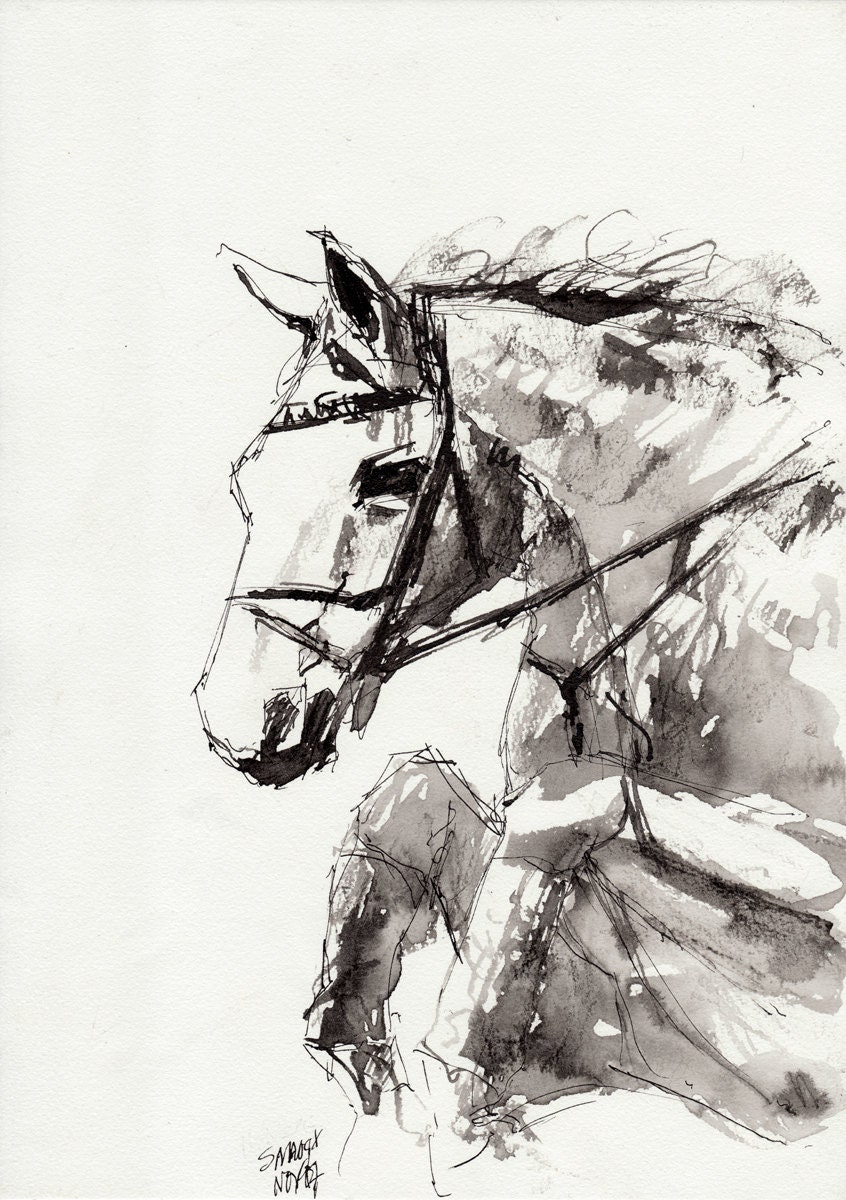 Original Ink Drawing Horse Jumping Drawing