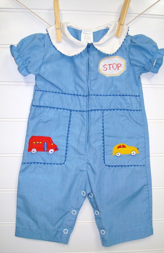 Vintage Baby Clothes/Baby Boy Romper with cars and Trucks.