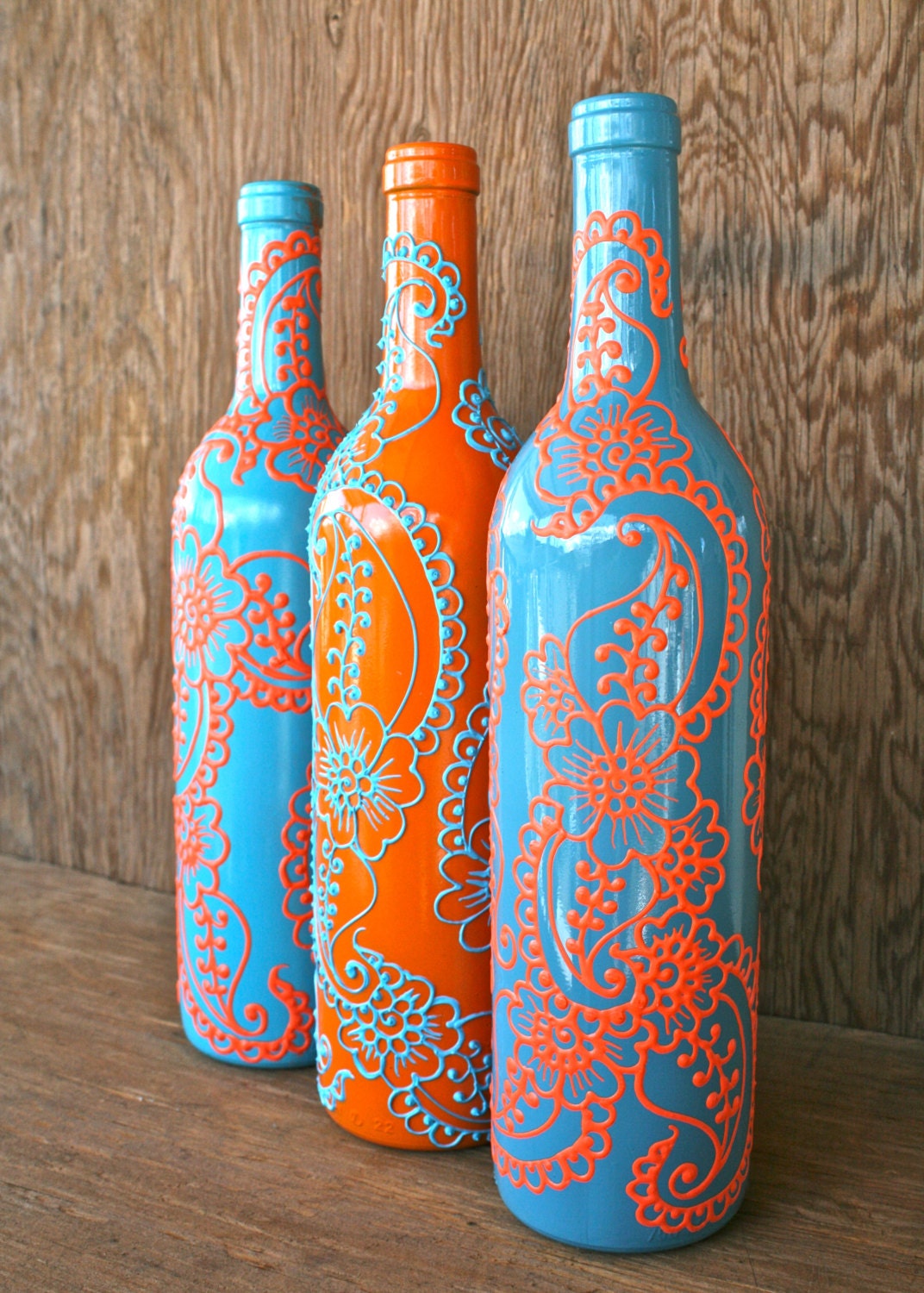 Set Of 3 Hand Painted Wine Bottle Vases Turquoise By Lucentjane