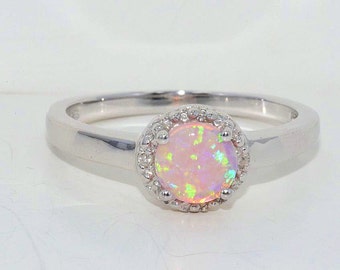 Pink Opal & Diamond Round Ring .925 Sterling Silver Rhodium Finish