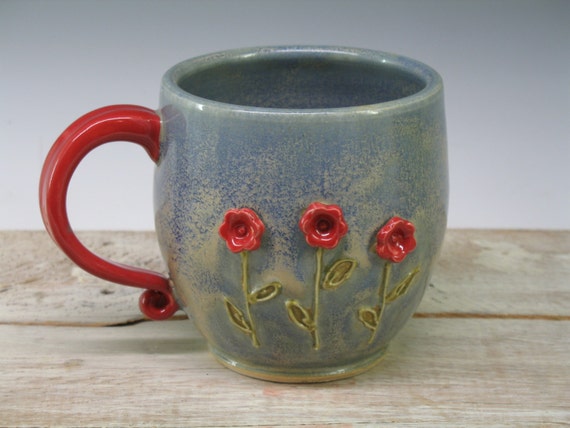 Mug Coffee/Tea cup Red Flowers Large Ceramic Hand made