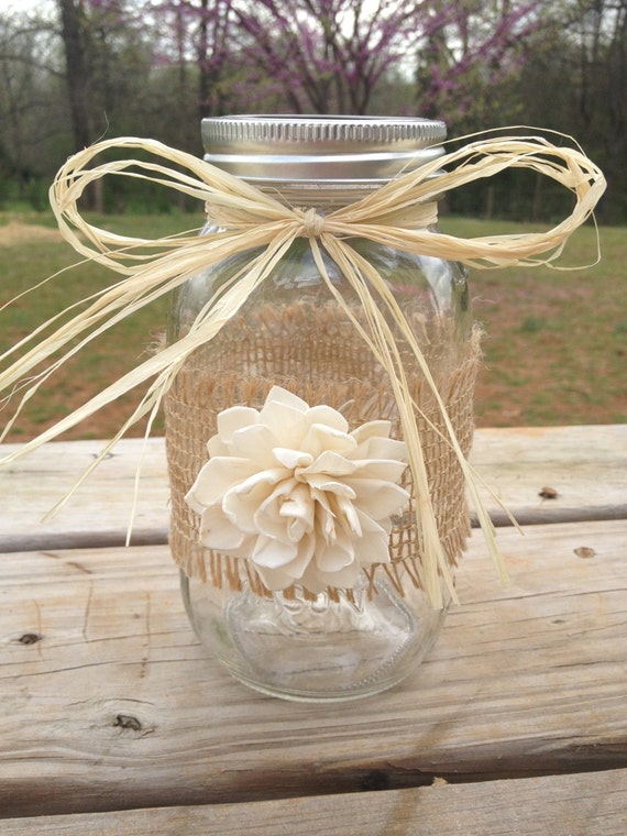Items similar to Shabby Chic Rustic Wrapped Mason Jar - Rustic Wedding