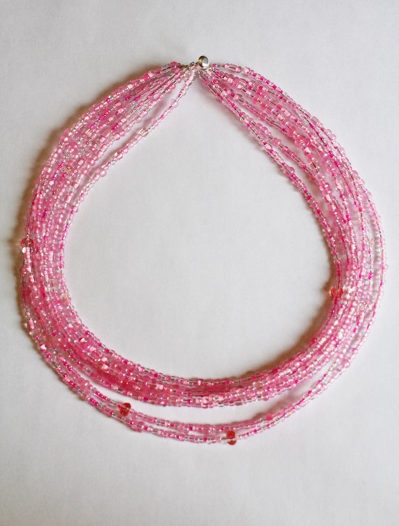 Pink multistrand necklace pink seed bead necklace beaded
