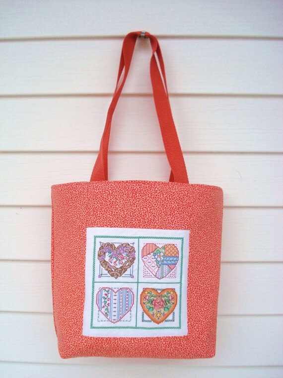 Tote Bag Orange Tote Bag Cross Stitched Tote by DonnaDesigned