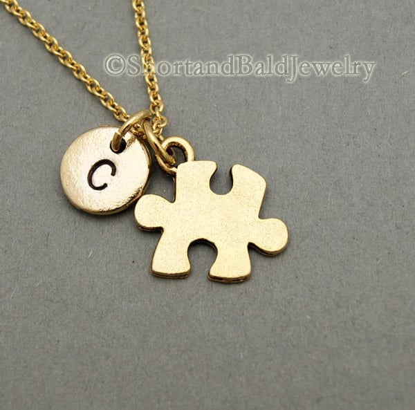 Puzzle Piece Necklace Jigsaw Antique Gold Initial Necklace