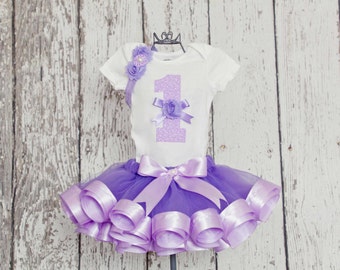 Baby Girl 1st Birthday Outfit - Onesie or T-Shirt with Age Number Applique & Lavender Ribbon Trim Tutu