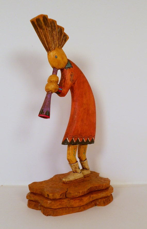 Kokopelli Wood Carving with Hopi Designs by TrueWoodcarvings