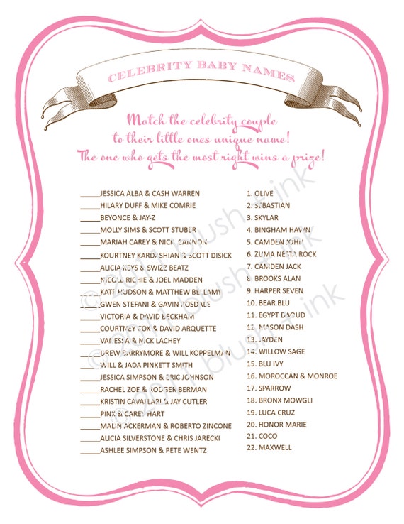 Items similar to Celebrity Baby Name Match Game - Baby Girl Shower Game