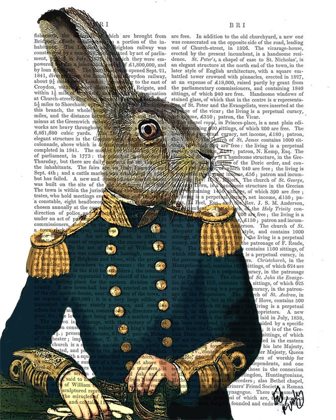 Lieutenant Hare : Military Print, rabbit print Wall Art Wall Decor, steampunk hare art print gift for men him digital painting