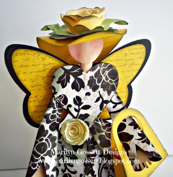 8" tall, Chic, Romantic Country Angel.  Handcrafted from Damask papers and cardstock