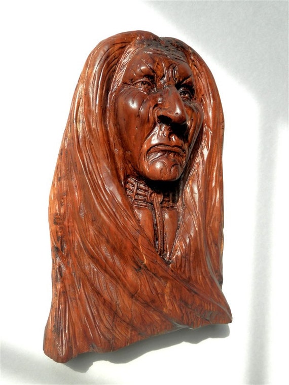 Native American Indian Wood Sculpture Of Curley Bear Wood