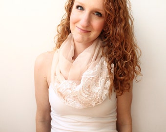 Neutral Lightweight Infinity Scarf with Lace