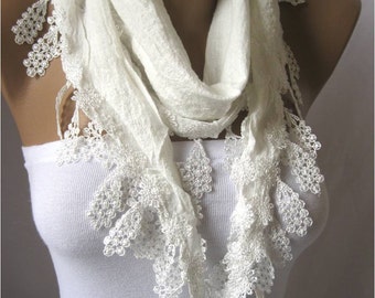 White Scarf with Trim Edge -- White Scarf- gift Ideas For Her Women's Scarves-christmas gift- for her -Fashion accessories