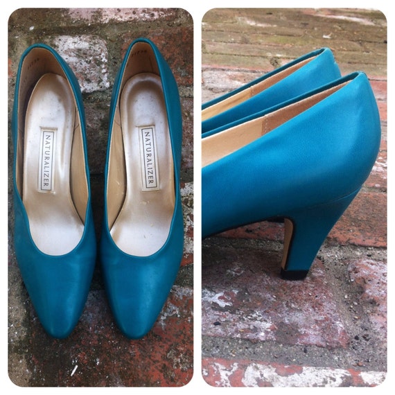 Vintage 80s Turquoise Heels Teal Aqua Blue Leather Pumps Size