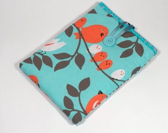 Cover for iPad, Handmade Case for iPad, Birdies Sleeve for iPad, aqua and red iPad cover