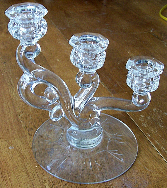 Heisey Triple Candle Holder Cascade Crystal 3 light Candlesticks Clear ...