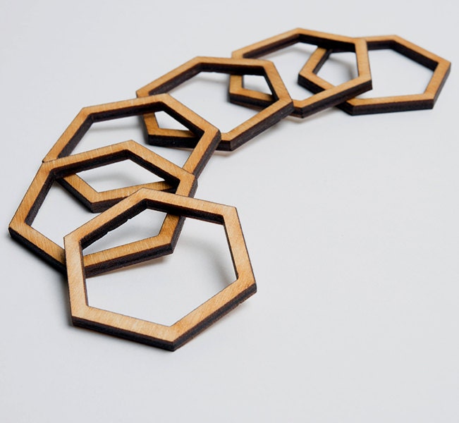 6 laser cut hexagon frames. Unfinished wood. Jewelry supply.