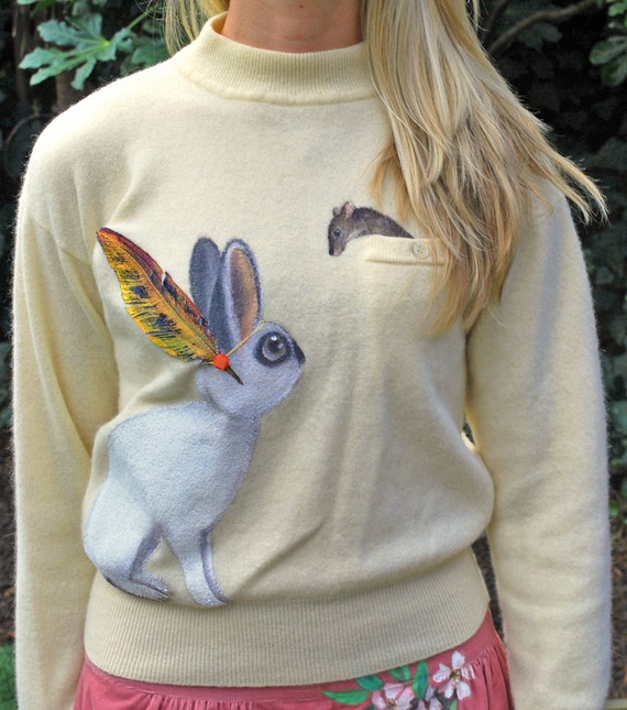 Rabbit & Mouse vintage pastel yellow sweater by Bunnavich on Etsy