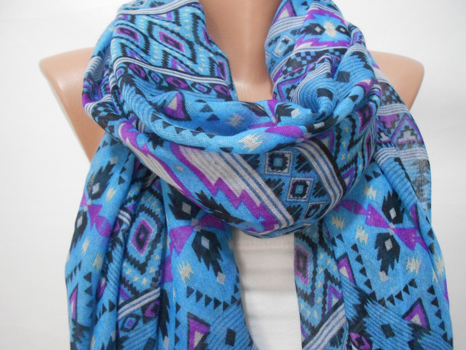 Boho Tribal Scarf Oversize Scarf Blue Scarf Shawl by ScarfClub