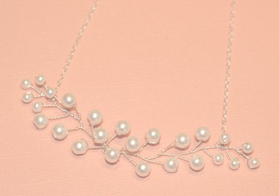 Pearl Bridal Necklace, Wedding Jewelry Accessory, Pearl Necklace Silver, Pearl Cluster Vine, Bride Bridesmaid Flower Girl  Ready to Ship