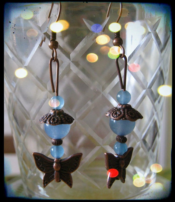 Handmade Copper Hook Earrings with Aquamarine & Butterfly by IreneDesign2011
