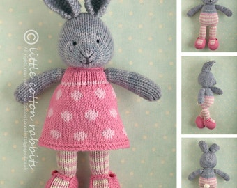 Toy knitting pattern for a bunny rabbit girl in a dotty dress