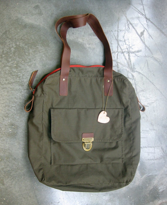 Khaki Green Canvas Bag with Leather Straps Unisex