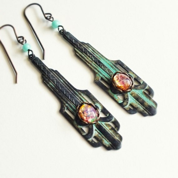 vintage unique finds Glass Jewelry Vintage Dangle Opal Fire Art Verdigris Earrings Deco