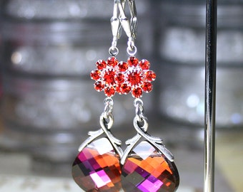 ON SALE - Swarovski Crystal Earrings in Volcano - OOAK - Briolettes and Blooms in Orange and Pink - Sterling Silver Leverbacks