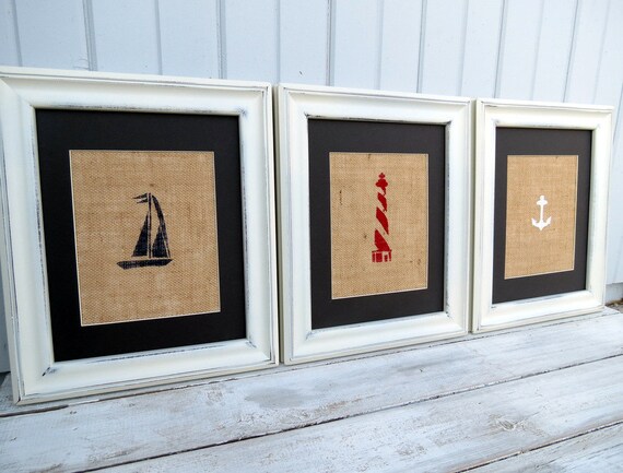 Items similar to Nautical Decor / Nautical Nursery Wall Art / Set of Three  Burlap Art Prints / Lighthouse / Sailboat / Anchor on Etsy