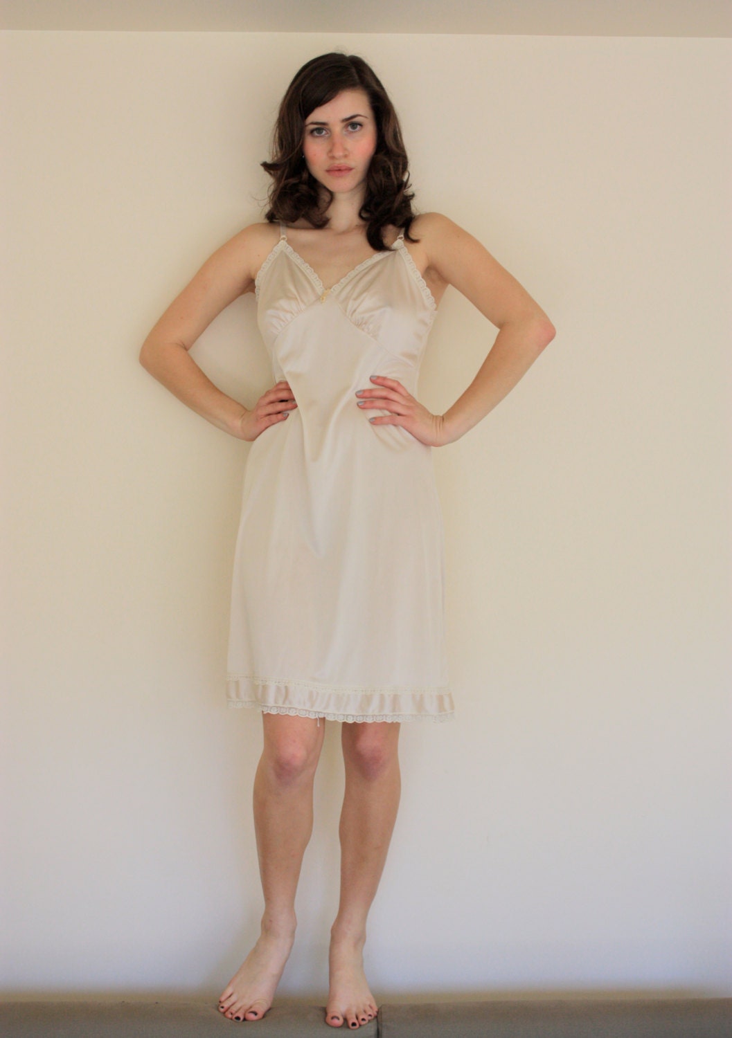 Vintage Cream Lace Full Slip With Off White By Augustandrudy