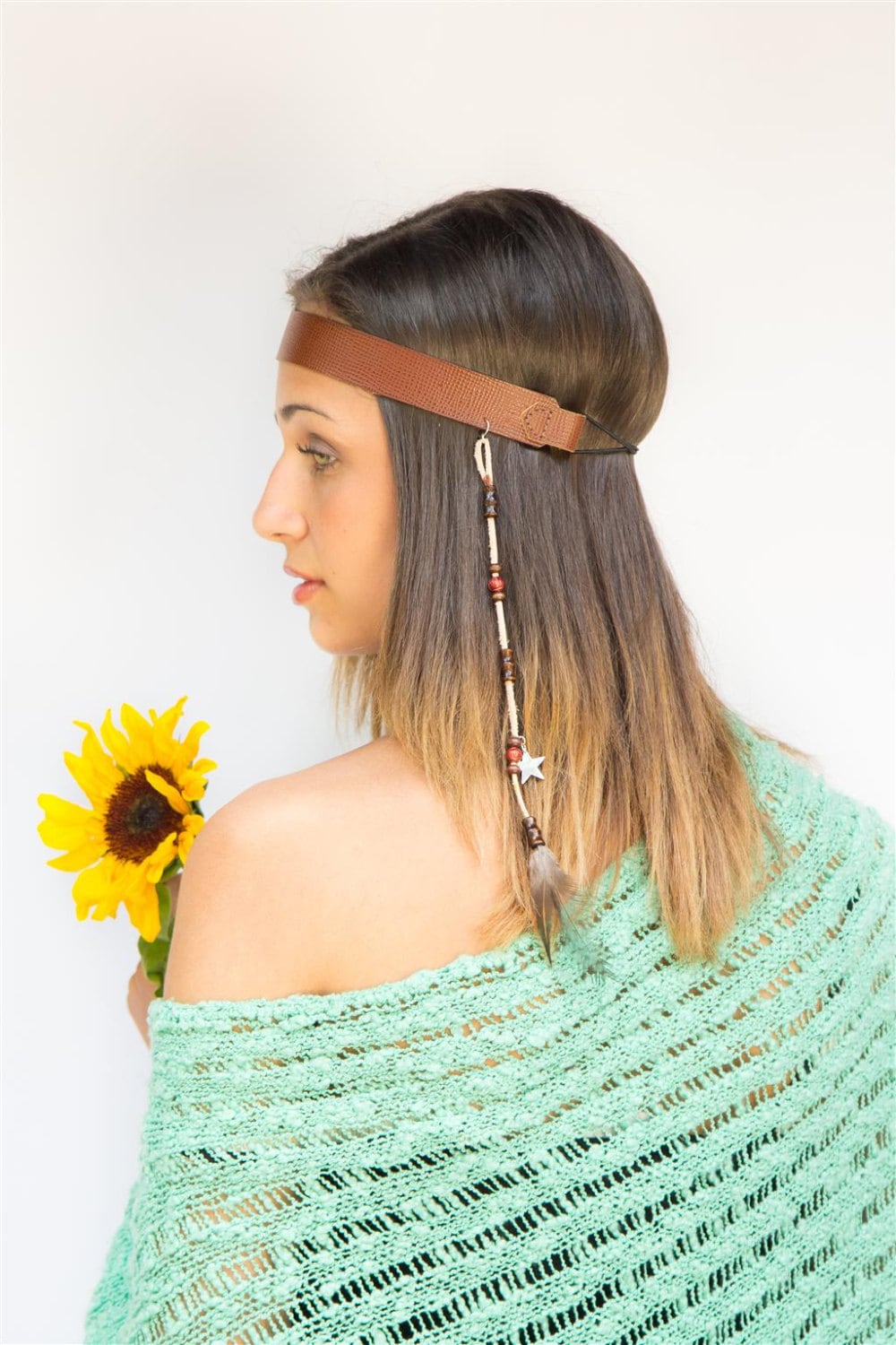 Brown Leather Hippie Headband With Feather Tan By MargaretVera