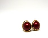 Red Gold Earrings, Pearl and 14K Gold Fill Wire Wrapped Post Earrings, Pearl Earrings, Stud Earrings