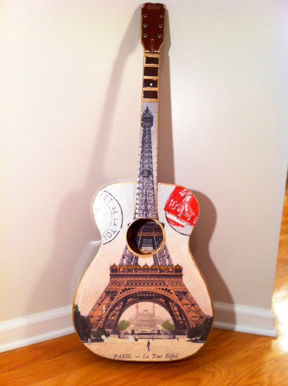 Paris France Acoustic Guitar Eiffel Tower & Gold Trim