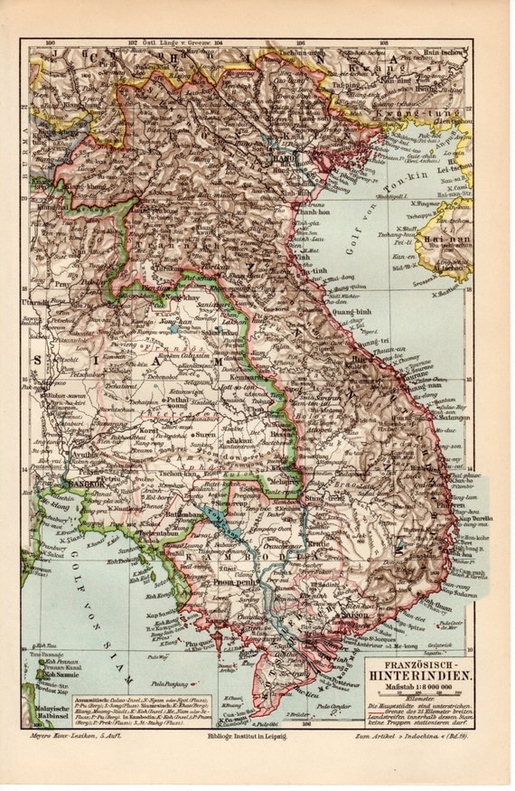 1899 French Indochina Map Indochine Cochinchina Tonkin