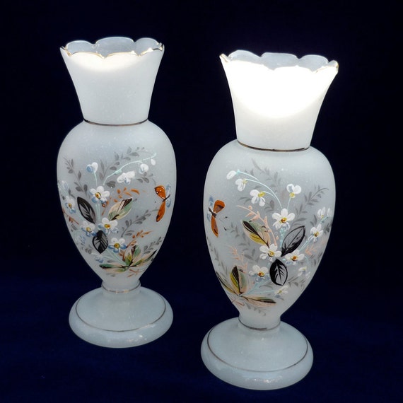 Reserved For Aantique Bristol Glass Vase Pair White Satin And 9576