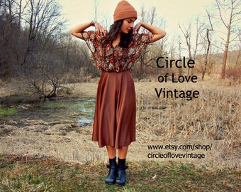 Vintage 70s Copper Skirt Dress with Floral Earthtone Bell Sleeves Angel Wing Medium Small