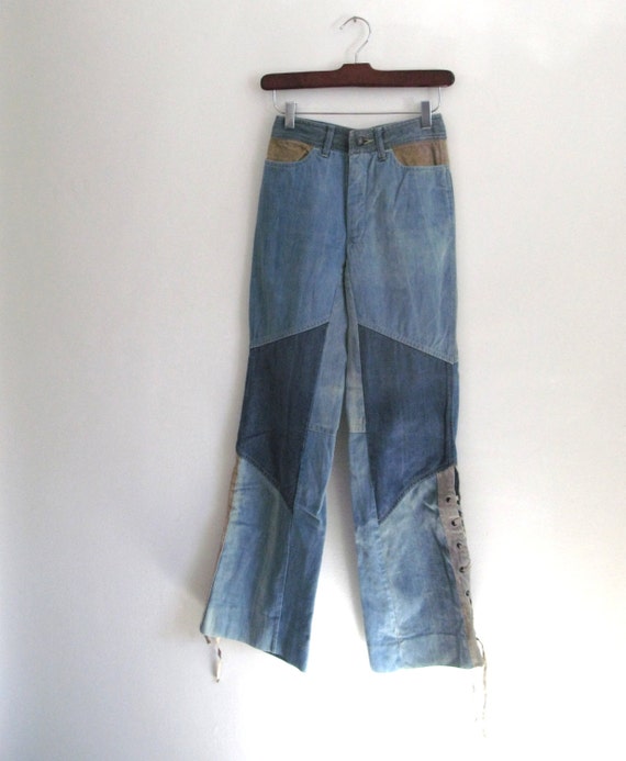 70s patchwork jeans vintage faded glory light dark blue