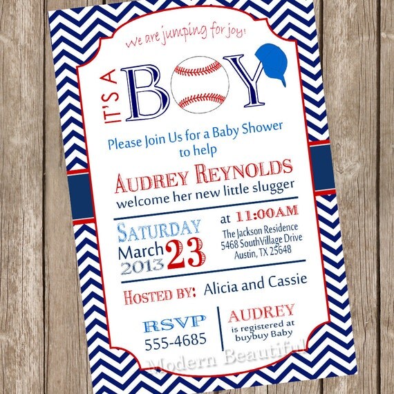 Chevron it's a boy baseball baby shower invitation, red, blue, baseball, printable invitation baseball1 Il_570xn