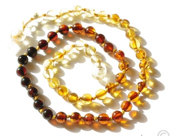 Baltic Amber Baby Teething or Adult Necklace Rainbow Color Round Beads