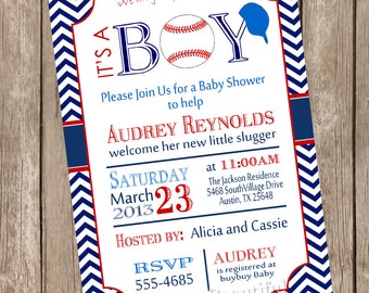 Chevron it's a boy baseball baby shower invitation, red, blue, baseball, printable invitation baseball1