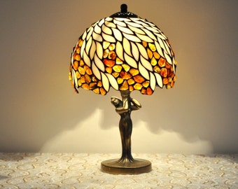 Table lamp - 8" lampshade made of stained glass and amber. Stained glass lamp. Tiffany table lamp. Bedside lamp.
