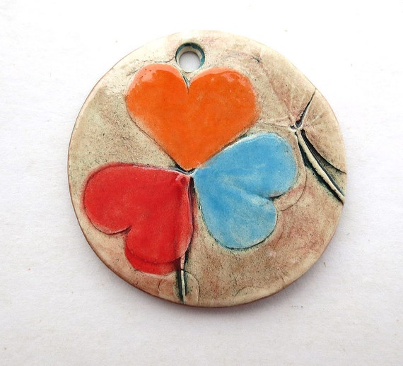 SALE  Handmade Ceramic Pendant Shamrock TriColor Round