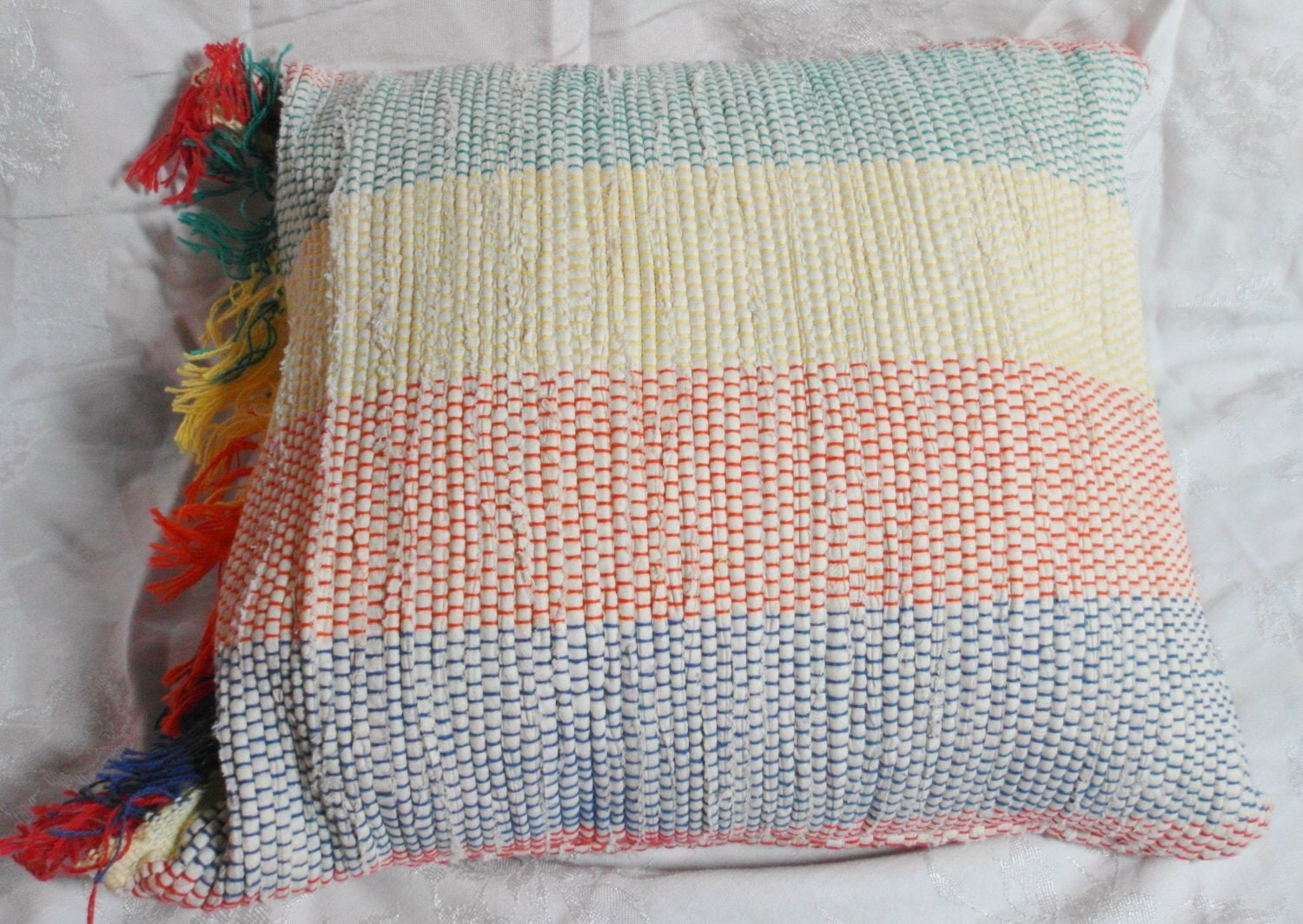 Hand woven rag rug pillow with fringe