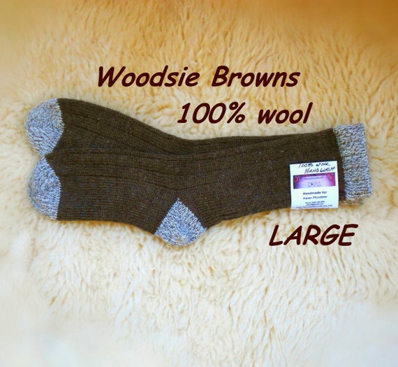 Woodsie Browns - wool socks with contrasting hems heels and toes - LARGE