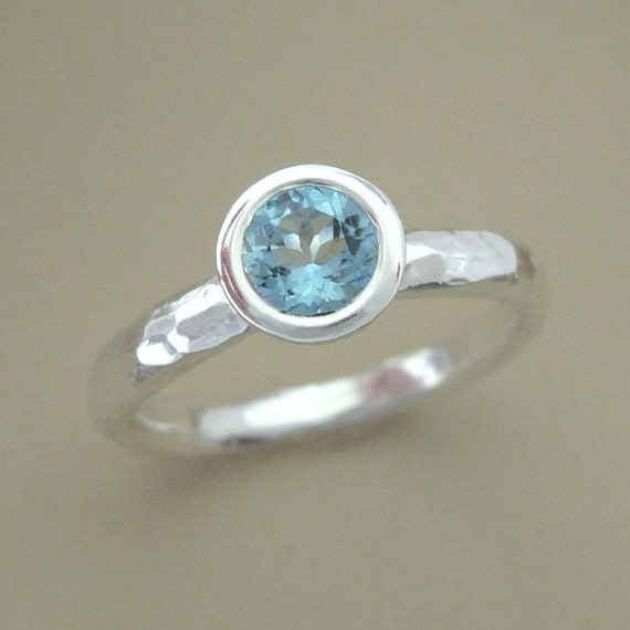 Aquamarine and Sterling Silver Hammered Ring 5 mm by esdesigns