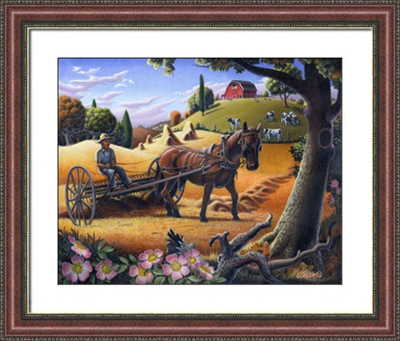 Folk art farm farmer raking hay field framed matted landscape