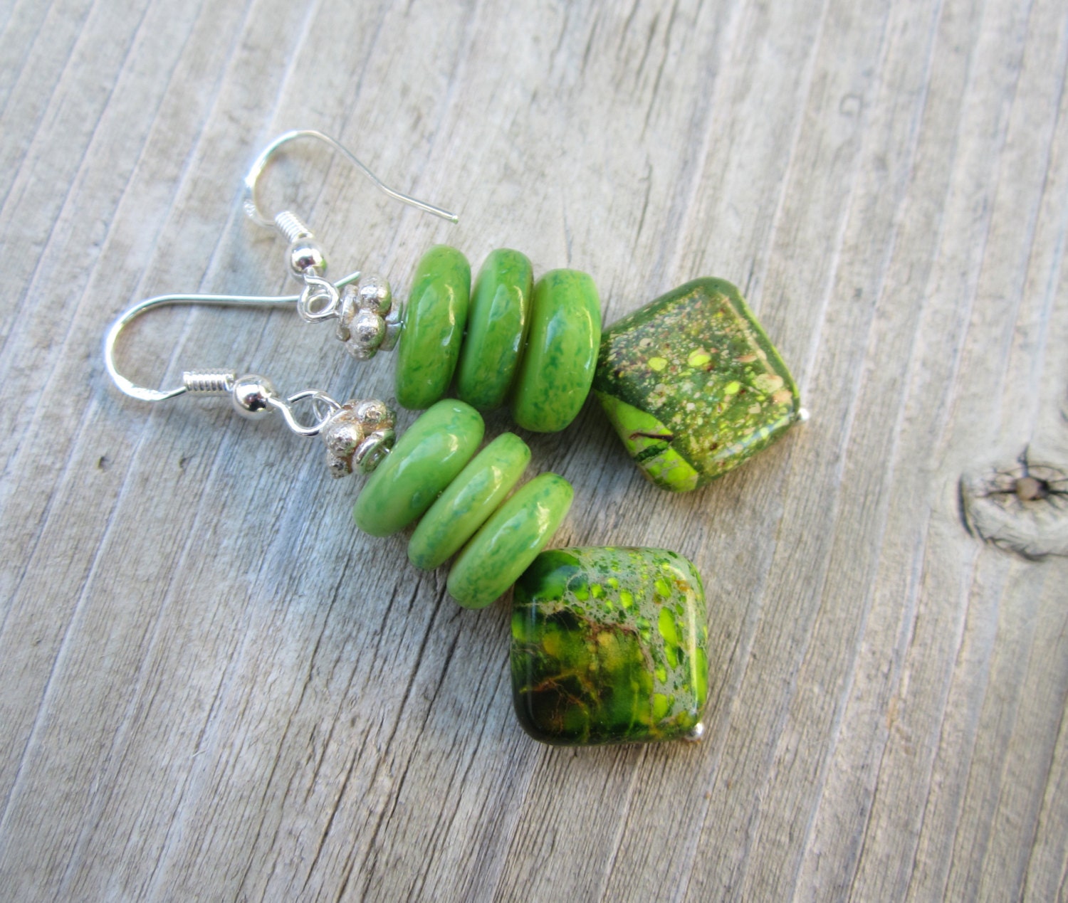 Green Jasper and Shell Earrings Sterling Silver Summer